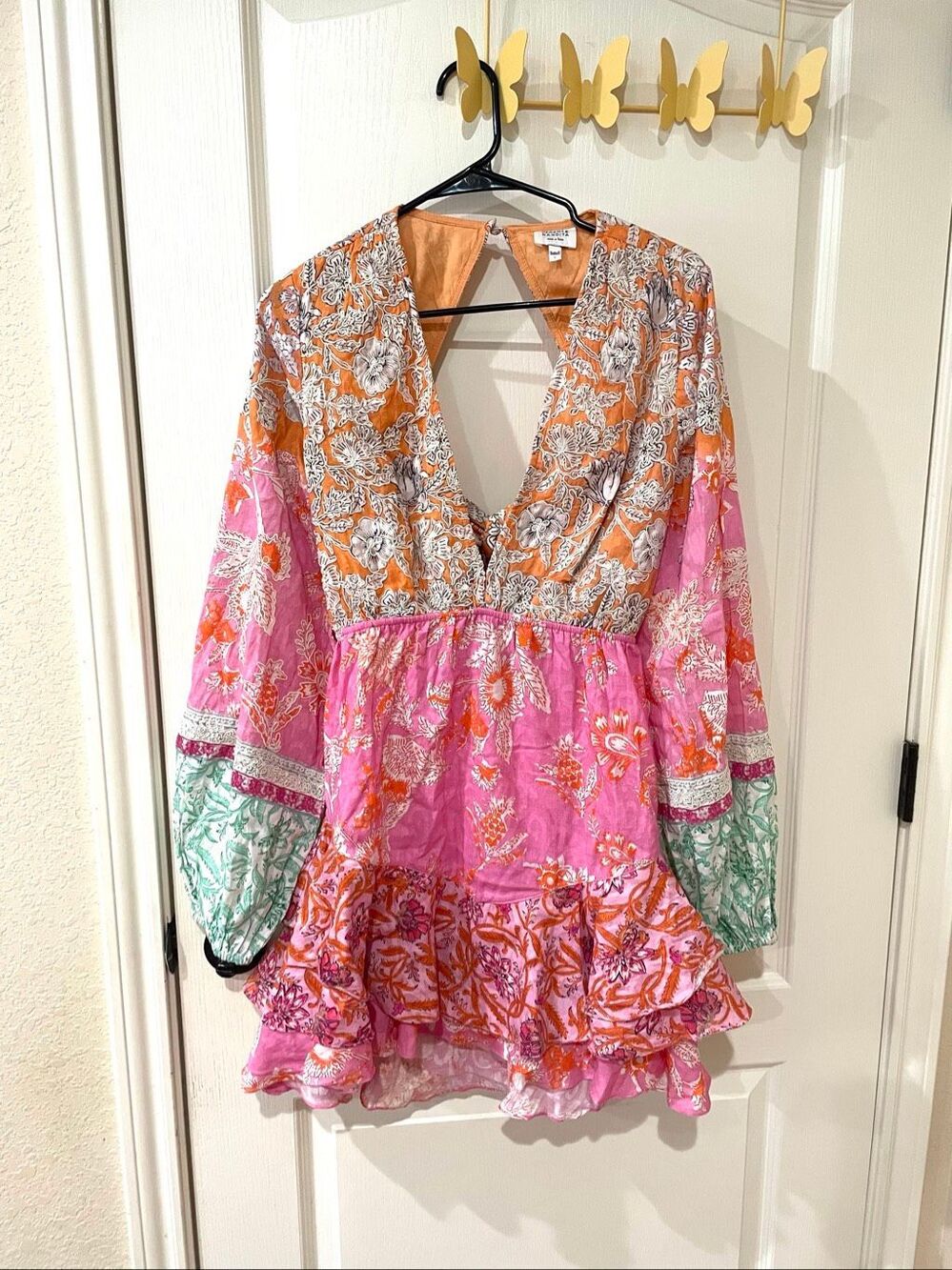 Hemant & Nandita Sidra Embroidered mini dress pink and orange floral print large - Picture 1 of 7
